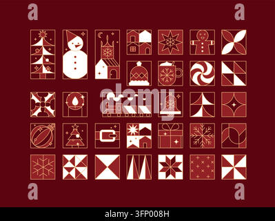 Christmas art deco icons set drawing in flat line style on red background. Stock Vector