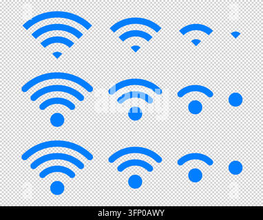 Set of vector Wi-Fi icon for communication, telecommunication. Communication wireless signal level wifi. Clipart illustration. Mobile bar status. Stock Vector