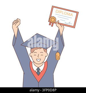 Graduation from school or college concept. Smiling happy graduate boy holding diploma celebrating success with honors vector illustration Stock Vector