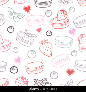 Doodle Macaron Cookies and Berry Seamless Pattern Stock Vector