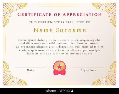 Elegant certificate of appreciation, vector template. Premium award diploma design with gold openwork decorative frame and medal. Ideal for business, Stock Vector