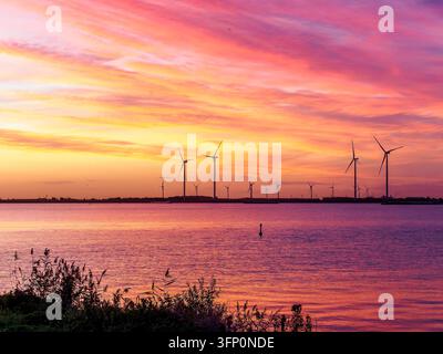 Wind turbines silhouetted against a vibrant. Colorful sunset sky with shades of pink and orange. Reflecting on the calm water of Ooltgensplaat Stock Photo