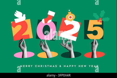 Merry Christmas and happy New Year 2025 greeting card. Modern flat geometric icons and human hands in retro collage vector illustration. Colorful holi Stock Vector