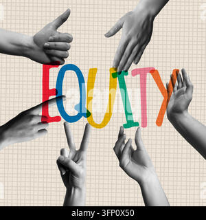 Equity text concept in colorful letters and human hands in retro collage mixed media illustration style. Trendy card design for equality, diversity, i Stock Vector