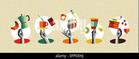 Colorful coffee shop icon and human hands in retro collage vector illustration set. Includes coffee maker, grinder, cup, jug and sweet foods. Stock Vector