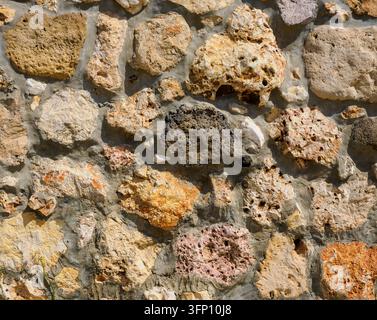 Close-up of a rustic stone wall constructed with irregular natural fieldstones and weathered mortar, showing rough masonry texture Stock Photo