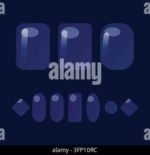 Cobalt glass web icons. Polished navy blue UI symbols. Transparent glossy shapes for digital application development. Stock Vector