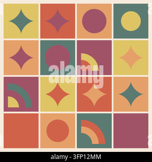 Geometric grid background with flat minimalist shapes in muted orange, yellow, green, and burgundy color scheme. Stock Vector