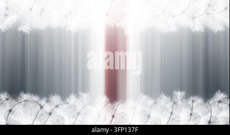 Minimalist winter composition with blurred snow-covered trees and a vertical red silhouette for commercial use in seasonal marketing. Stock Photo