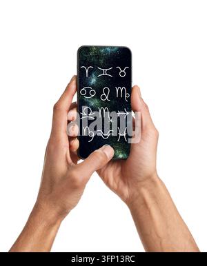 Man using astrology app on his smartphone on white background, closeup Stock Photo