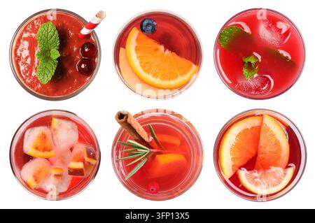Set of different drinks in glasses isolated on white, top view Stock Photo
