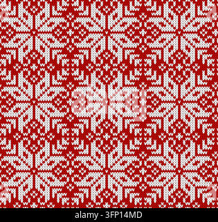 A seamless traditional Scandinavian knitted texture featuring intricate white snowflake and geometric ornaments on a vibrant red background Stock Vector