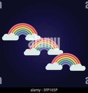 Minimalist graphic of three colorful rainbows with fluffy clouds arranged in a diagonal pattern on dark space Stock Vector