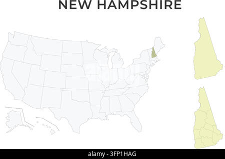 New Hampshire locator map with counties on a USA map. The state is highlighted on an outline map of the USA, with Alaska and Hawaii as insets. Stock Vector