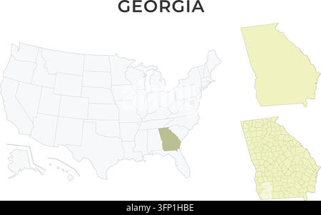Georgia locator map with counties on a USA map. The state is highlighted on an outline map of the USA, with Alaska and Hawaii as insets. Stock Vector