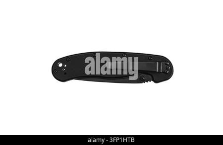 Closed black folding tactical knife isolated on white background. Stock Photo