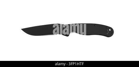 Black folding tactical knife with clip isolated on white background. Stock Photo