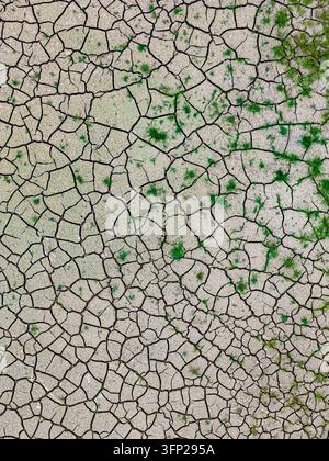 Aerial view of the cracked, parched earth of the Tagebau Hambach open-pit mine with sparse green vegetation emerging from the dry soil in Elsdorf, Nor Stock Photo