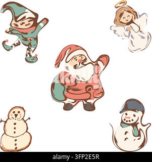 Cute Christmas Characters Hand Drawn Set Stock Vector
