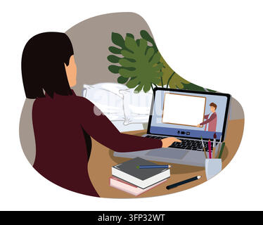 A woman participating in an online learning session at home using a laptop, study materials, and a comfortable workspace, emphasizing education, home Stock Vector