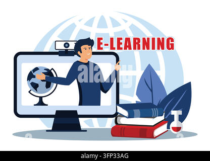 Demonstrating innovative e-learning methods with technology, featuring online lessons, books, and science elements. A student engages in learning thro Stock Vector