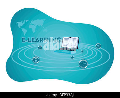 Featuring an e-learning concept with laptops, books and various educational symbols, on a light blue gradient background, symbolizing modern online ed Stock Vector