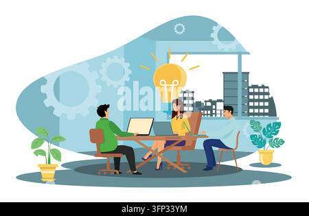 A business team discussing ideas in a modern office space. Perfect for entrepreneurship, teamwork, and innovation related concept. Flat vector modern Stock Vector