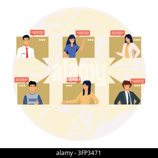 People actively participating in a group video call, showcasing interaction, communication, and social connection in a virtual environment with speech Stock Vector