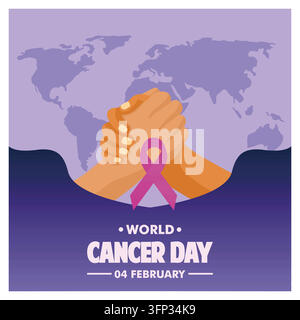 Design for World Cancer Day featuring a handshake with a pink awareness ribbon symbol, global unity, and solidarity. Flat vector modern illustration Stock Vector
