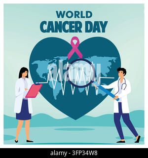 World Cancer Day, featuring medical professionals, a heart, ribbon, and global awareness symbolizing healthcare and support for cancer awareness and p Stock Vector