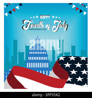 Celebrating Independence Day with patriotic symbols, featuring an American flag and city skyline. Flat vector modern illustration Stock Vector