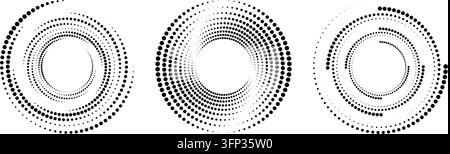 Dotted circle swirl and spiral set. Halftone circular speed line collection. Radial dynamic dot line elements for logo, print, poster, template, icon, banner. Vector rotating circle sound wave shapes Stock Vector
