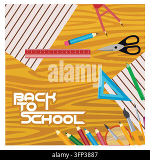 Creative arrangement of school supplies on a wooden desk, featuring pencils, a ruler, and scissors. Flat vector modern illustration Stock Vector