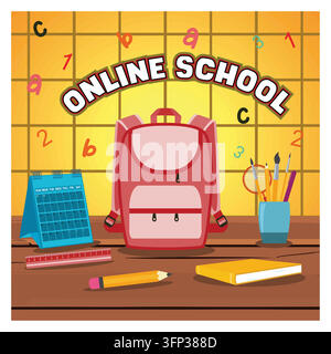 Online learning concept, featuring a backpack, school supplies, a calendar, and themed decor enhancing a conducive academic environment. Flat vector m Stock Vector