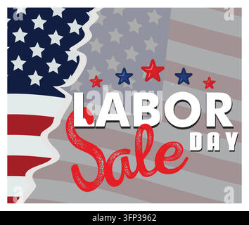 Labor Day sale banner featuring an American flag background, bold typography, and decorative red and blue stars, creating a patriotic and celebratory Stock Vector