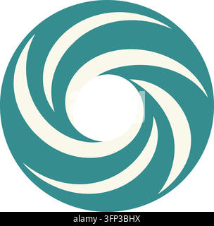 Flat illustration of a circular teal vortex created from multiple curved wave blades spiraling around a cream center Stock Vector