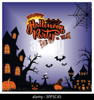 Halloween scene featuring a haunted house, pumpkins, bats, and a spooky background. Perfect for festive, seasonal, and thematic purposes. Flat vector Stock Vector