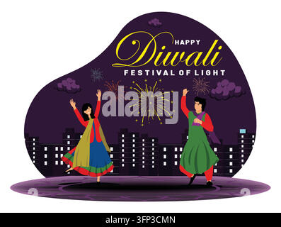 Two people joyfully dance while fireworks light up the cityscape, embodying the festive spirit of Diwali, the festival of lights. Flat vector modern i Stock Vector