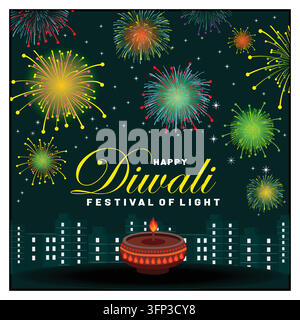 Diwali with a vibrant night scene featuring decorative fireworks, a glowing city skyline, and a lit traditional oil lamp. Flat vector modern illustrat Stock Vector