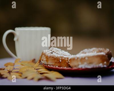Swedish cinnamon buns topped with pearl sugar on a red plate, with a white coffee cup and yellow autumn leaves in the background. Stock Photo