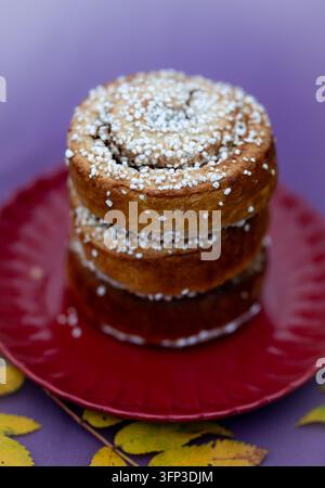 Three Swedish cinnamon buns topped with pearl sugar stacked on a red plate with autumn leaves against a soft purple background. Stock Photo