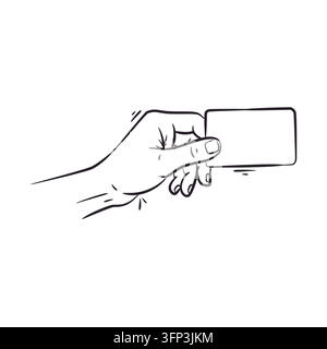 Hand drawn black and white line art vector showing a hand holding a clean business or identity card. Perfect for networking websites, corporate introd Stock Vector