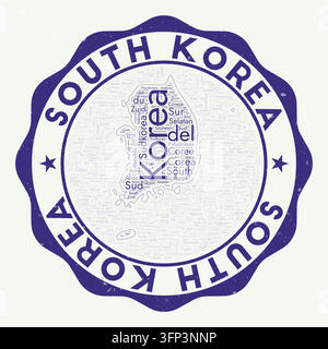 South Korea logo. Attractive country badge with word cloud in shape of South Korea. Round emblem with country name. Amazing vector illustration. Stock Vector
