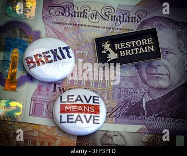 Brexit and Restore Britain campaign pins arranged on a twenty-pound Bank of England note. Stock Photo