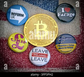 Reform UK, UKIP and Brexit-era campaign pins surround a decorative Bitcoin token. Stock Photo