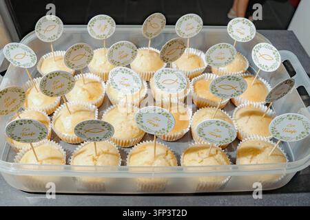 Cupcakes displayed in a tray, in indoor on a table, with cupcakes, stickers with text and, from a top-down perspective, with yellow, white accents Stock Photo