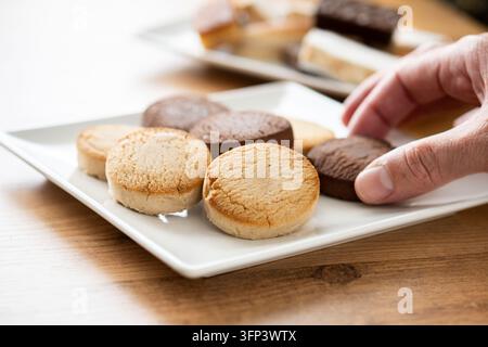 Close-up of assorted Spanish shortbread cookies, including vanilla and chocolate varieties, arranged on a white plate on a wooden table. Traditional s Stock Photo