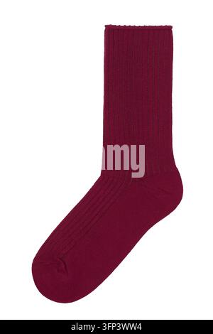 Burgundy ribbed women's sock with a long shaft, isolated on white, top view Stock Photo