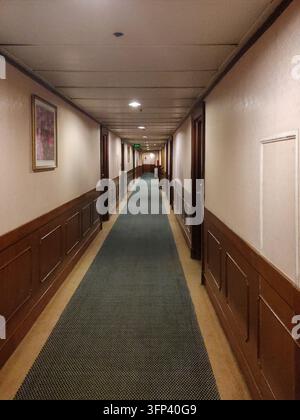 Empty hotel corridor with carpeted floor. Stock Photo