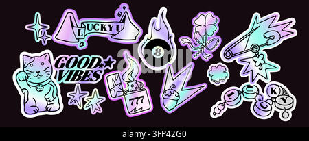 Holographic Y2K sticker pack with lucky elements. Cat and clover, eight ball and neon stars isolated on black background. Vector iridescent gradient foil texture for trendy sticker designs. Stock Vector
